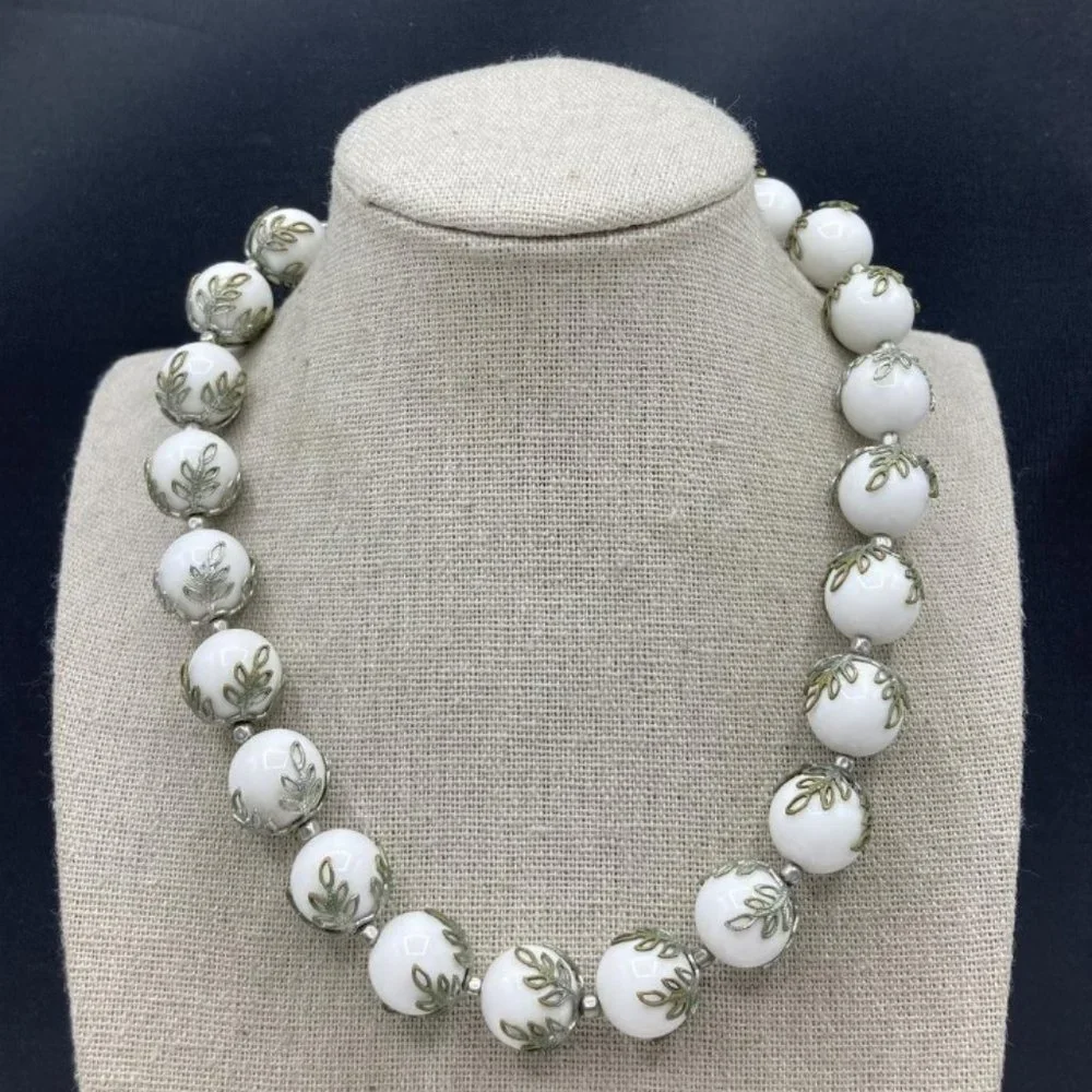 Trifari Signed Vintage Brass-Tone & White Lucite Beaded Choker Necklace …